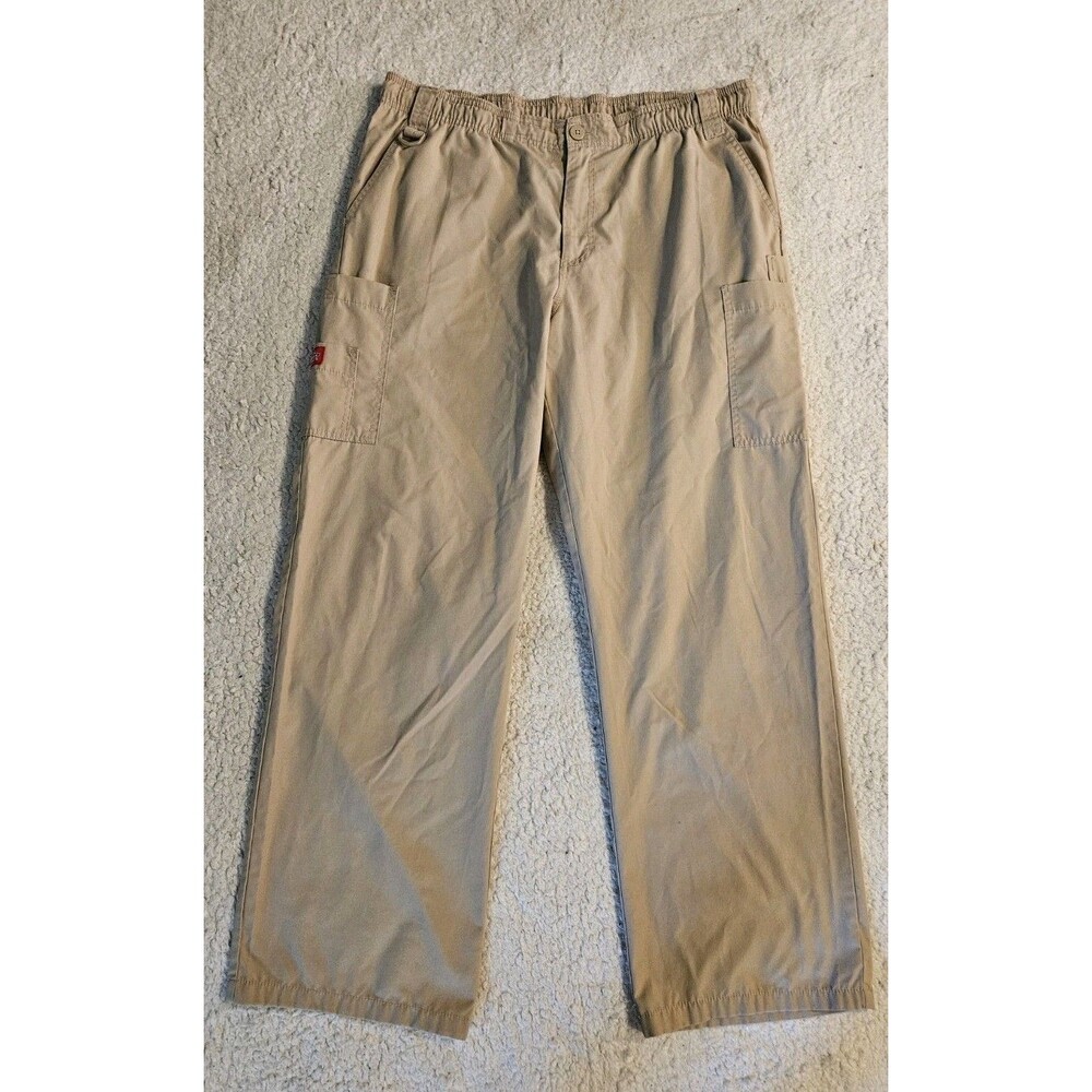 Dickies Mens Cargo Scrub Pants Large Tan Khaki Elastic Waist Drawstring Nursing